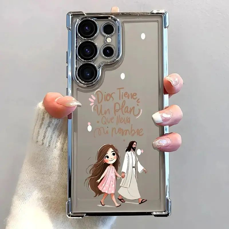 Christian "Dios Tiene Un Plan" Phone Case with Jesus & Girl Holding Hands Design, Shockproof Anti-Drop TPU Cover, 4-Corner Electroplating, Full Lens Coverage, Protection, Compatible with iPhone 11-17, Samsung S22-S26 Ultr,protective,luxury,crystal,texture