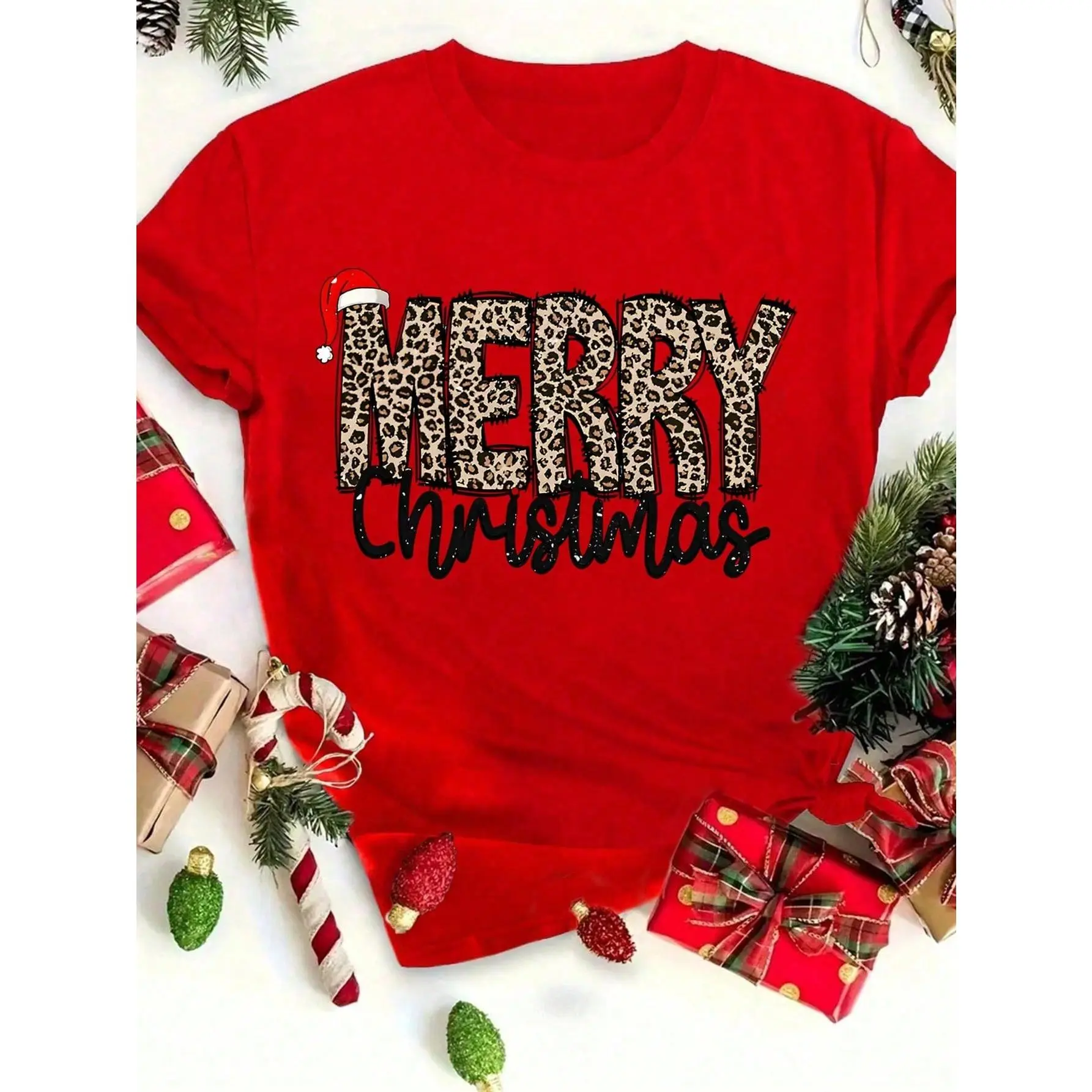 Women's Christmas Graphic T-Shirt, Casual Cotton Round Neck Top with Leopard Plaid Tree Print, Short Sleeve Streetwear, Tops, Graphic Tops