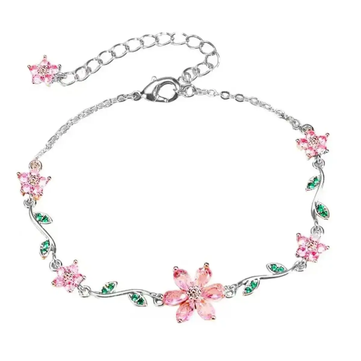 Women's Floral Motif Charm Bracelet - Translucent Flower Zircon, Dainty Laurel Charm, Colorful Beads, Female Wear, Birthday Gift Ideas for Daily Styling, Charm Bracelets