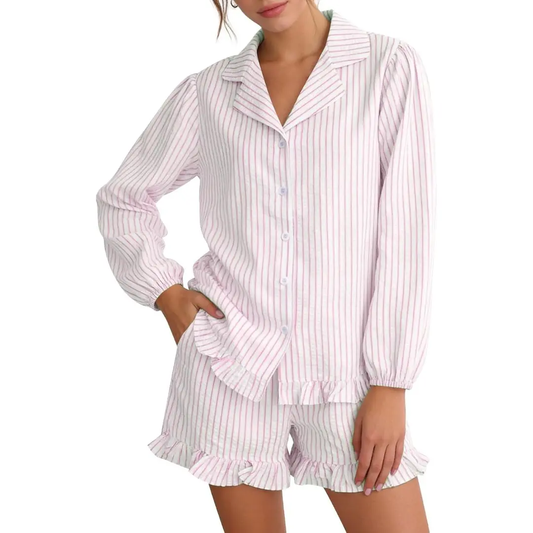 Women's Cotton Poplin Pajama Set 2 Piece Striped Long Sleeve Button Shirt Shorts Seersucker Lightweight Sleepwear #