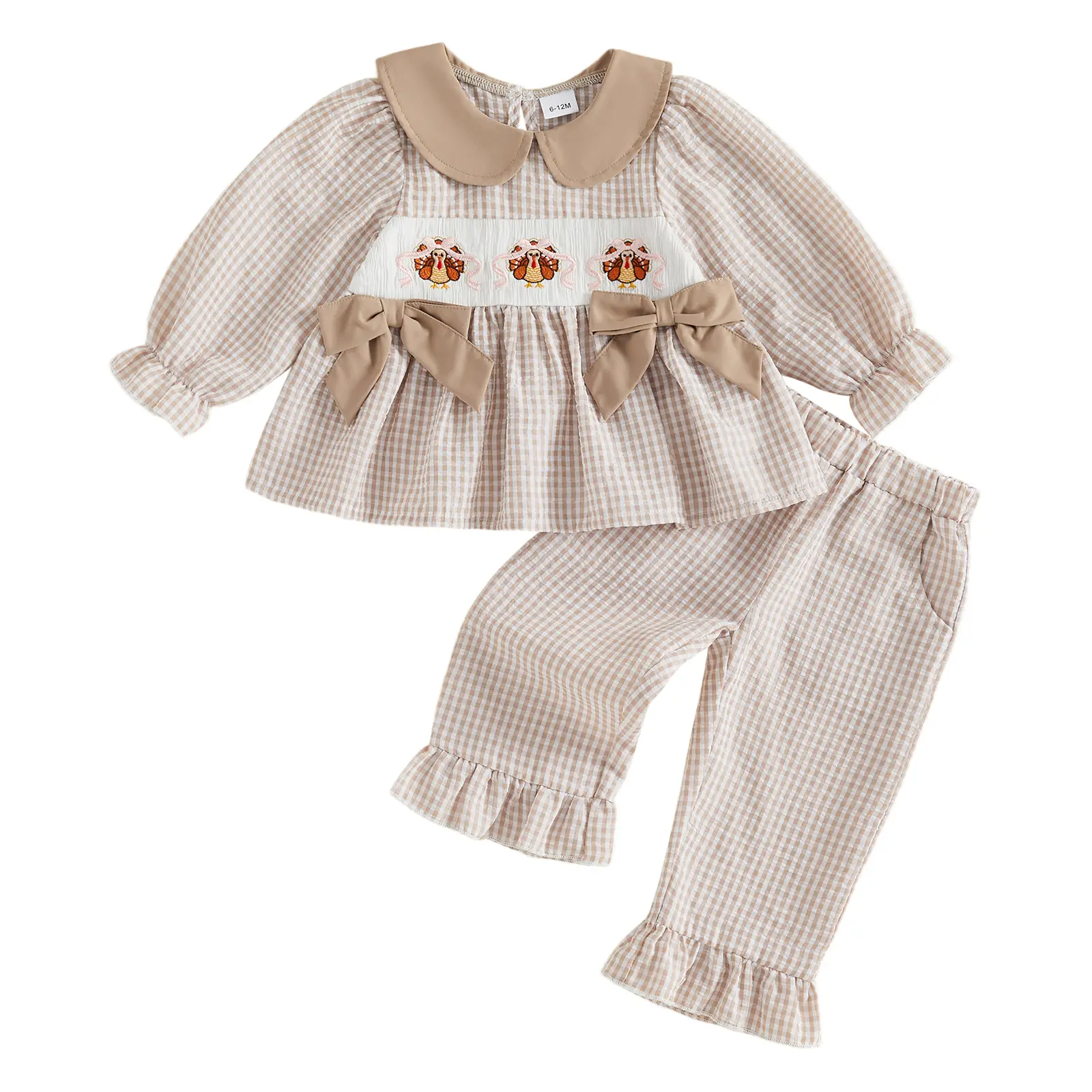 REDWOON Toddler Baby Little Girl Thanksgiving Gingham Outfit Peter Pan Collar Turkey Embroidery Puff Long Sleeve Top Bow Decor with Long Pants Set