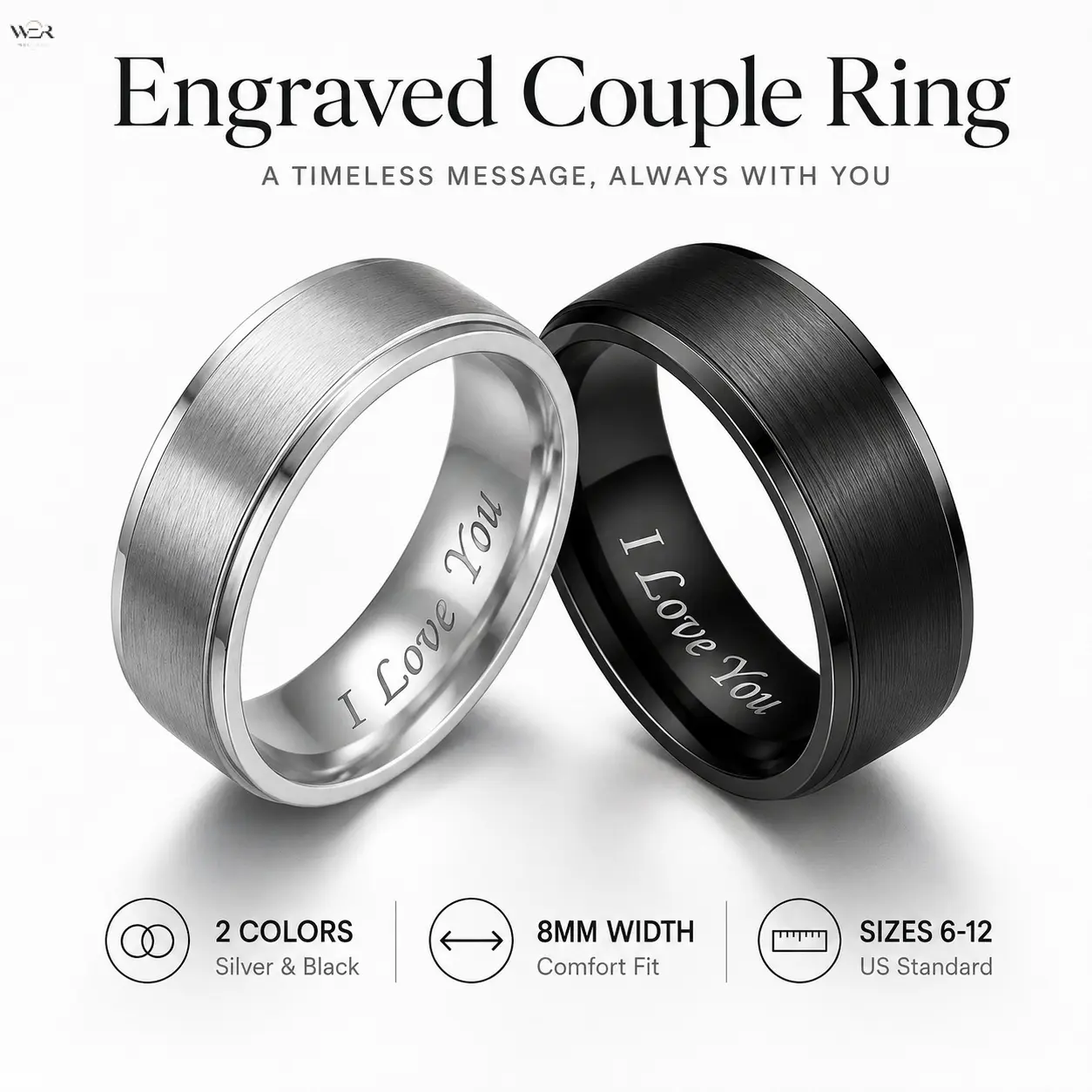 Engraved "I Love You" Couple Matching Ring Set, 8MM Brushed Comfort Fit Tungsten Wedding Bands, Black & Silver Two Tone Promise Rings for Men Women