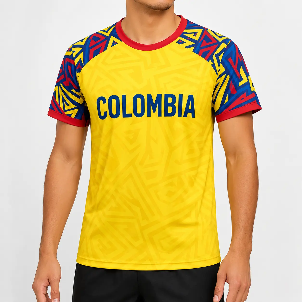 Colombia Yellow Blue Red Soccer Jersey, Geometric Raglan Short Sleeve Crew Neck Football Fan Shirt, 2026 Tournament Game Day Blokecore Streetwear,outfits,men's wear,men fashion,summer men fashion clothes,football jersey,fan jersey,fan cheering