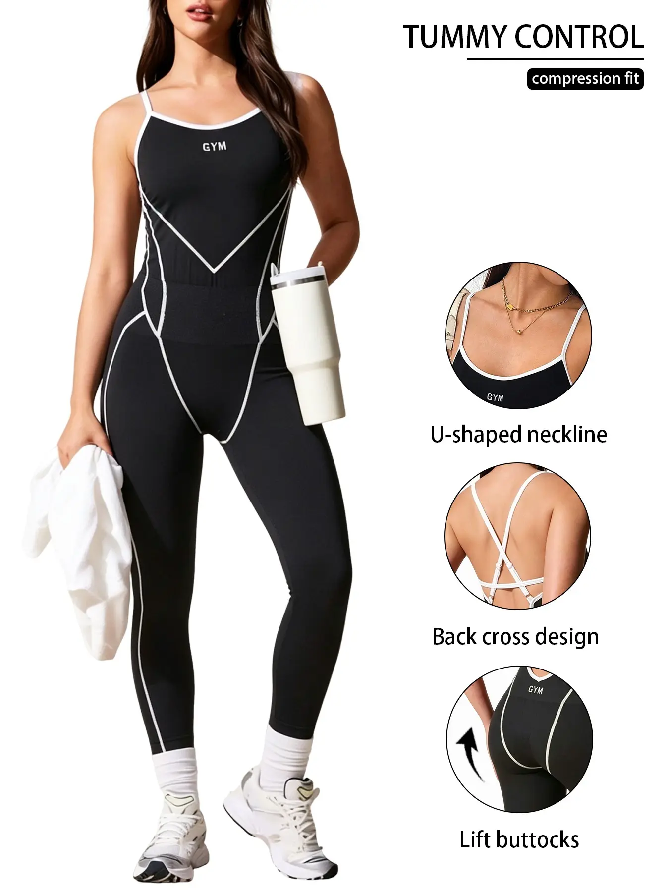 Women's Back Cross Strap Romper, Edge Colorblock Halter High Stretch Tummy Control Butt Lift Yoga Sports Long Pants