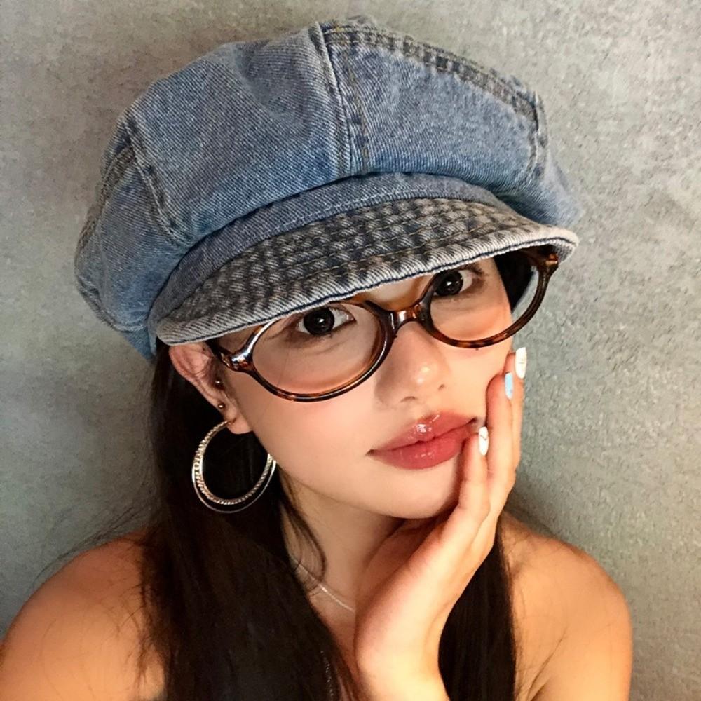 Fashion Vintage Washed Denim Beret Cloud Newsboy Octagonal Cap Visor Artist Peaked Hat Women