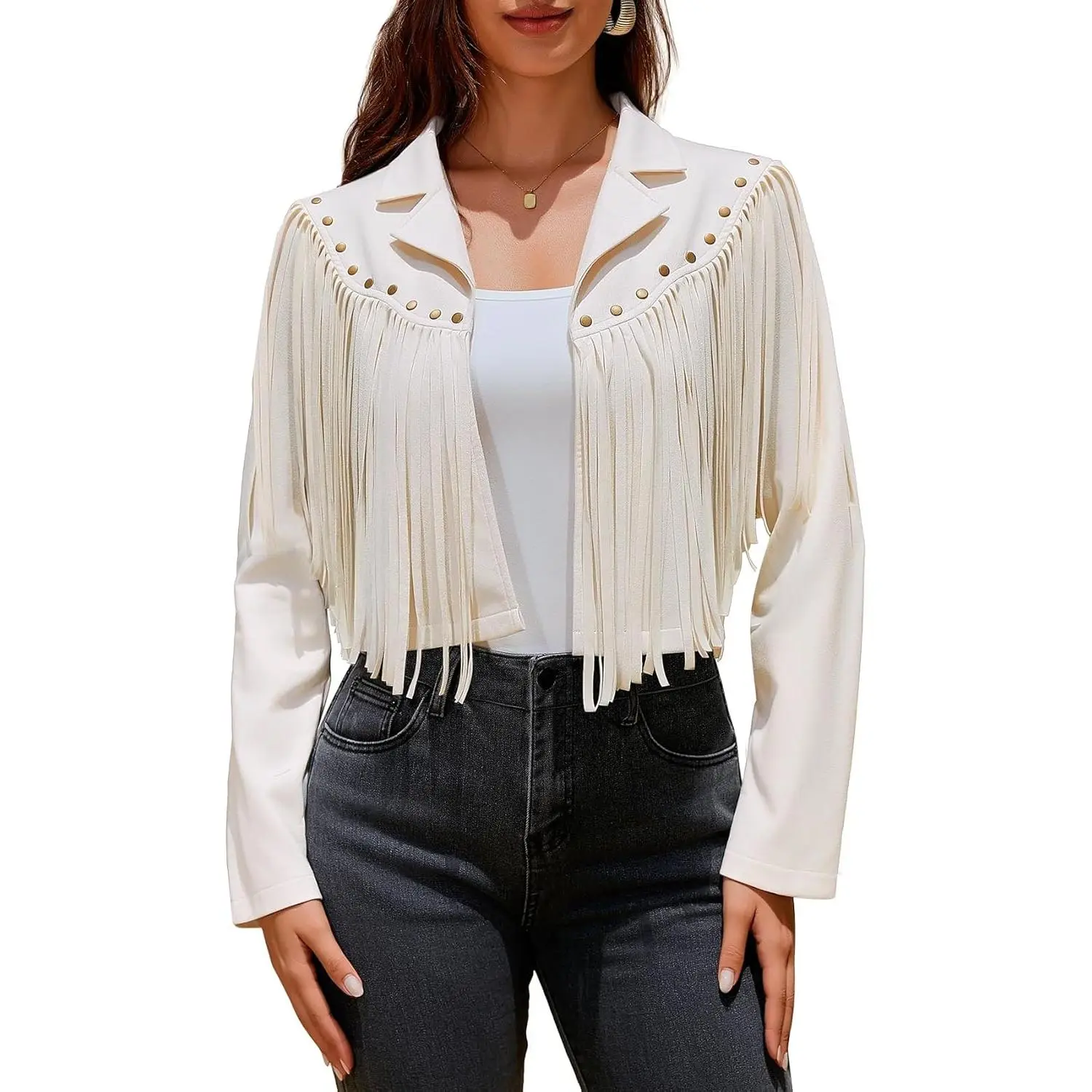 Women's Fringe Faux Suede Leather Jackets Fashion Fall Western Tassel Motorcycle Cropped Open Front Coats with Rivets