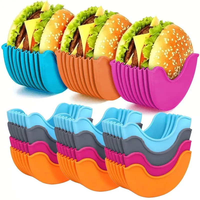 12-Pack Stretchable Silicone Burger Protectors, Reusable Dishwasher Safe Sandwich Holders, Leak-Proof Heat-Resistant Food Grade, Ideal for Parties & Bbqs