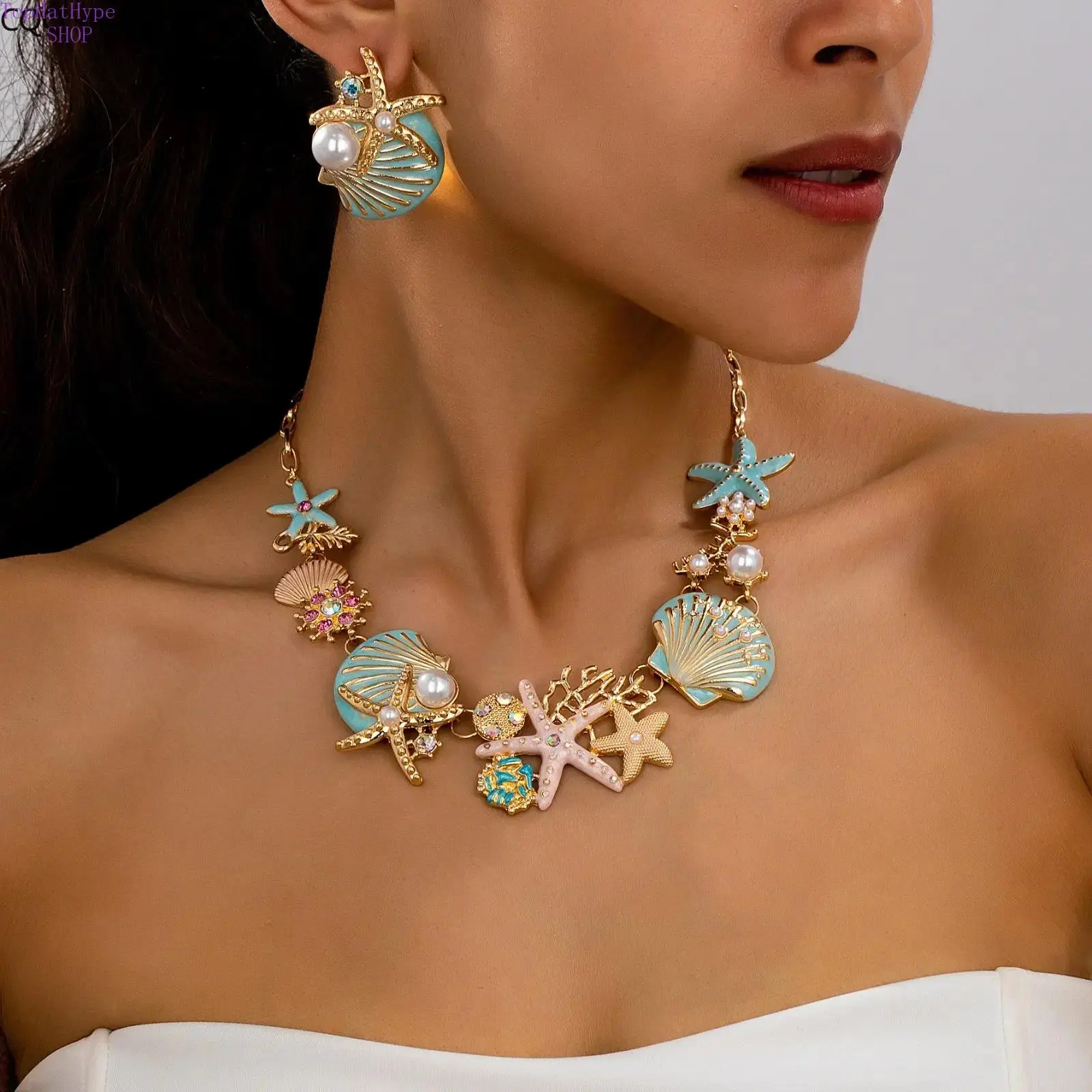 Elegant Enamel Inlaid Starfish Shell Coral Jewelry Set, Matching Necklace & Stud Earrings, Luxurious Ocean Themed Accessories for Women Banquet, Beach & Party Outfits