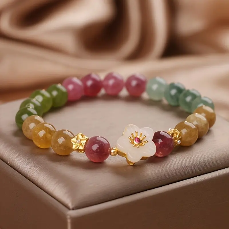 Colorful Artificial Peach Blossom Bracelet, Orchid Pendant Bead Bracelet, Vintage Green Pendant Bead Bracelet, Ideal Sweet Jewelry Gift For Girlfriend