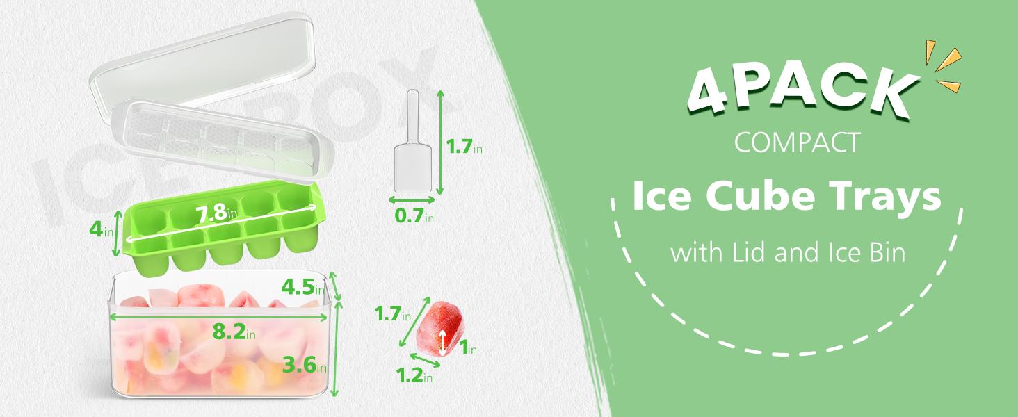 Ice Cube Tray with Lid and Bin - 4 Pack Ice Bucket Kits, Stackable Silicone Ice Trays for Freezer, Easy Pop Out, BPA Free for Cocktail, Coffee, Soup, Food, RV, Kitchen