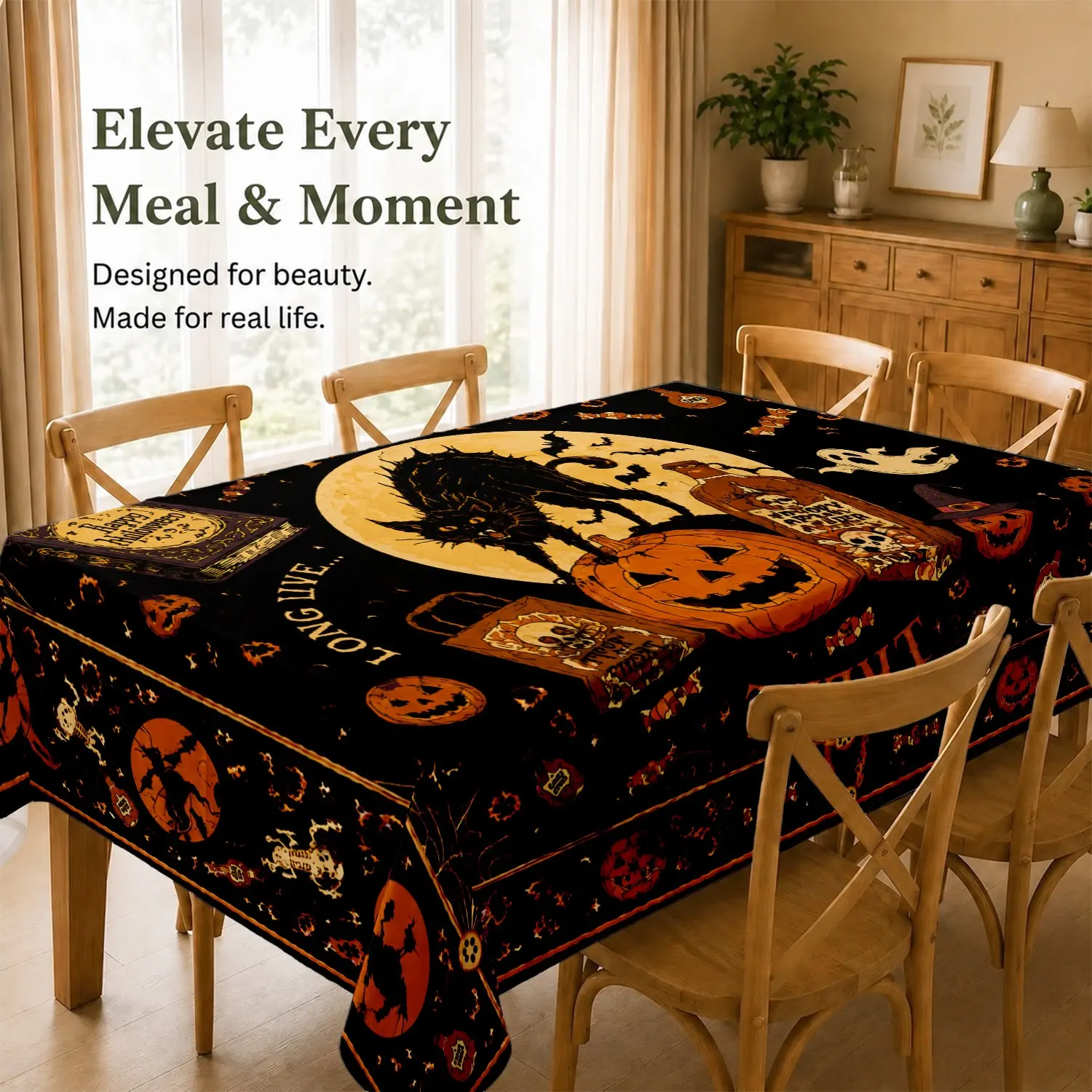 Gothic Halloween Tablecloth, Black Cat Pumpkin Witch Board Bat Moon Design, Soft Thick Spooky Season Dining Table Cover for Party Decor