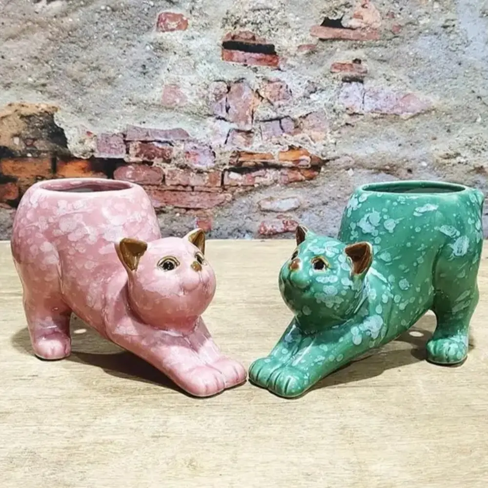 Cute Tailless Cat Little Planter Pot, Unique Kitty Succulent Indoor Flower Pot, Animal Home Decor Plant Pot Holder, Novelty Ceramic Bonsai Flowerpot Ideal Gifts,Lovely Office Desk Room Home Decor