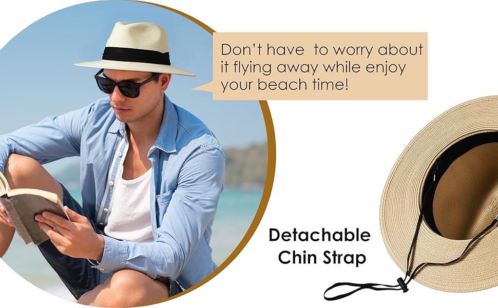FURTALK UPF 50+ Straw Fedora Panama Hat, Wide Brim Summer Sun Hat for Beach Travel Vacation