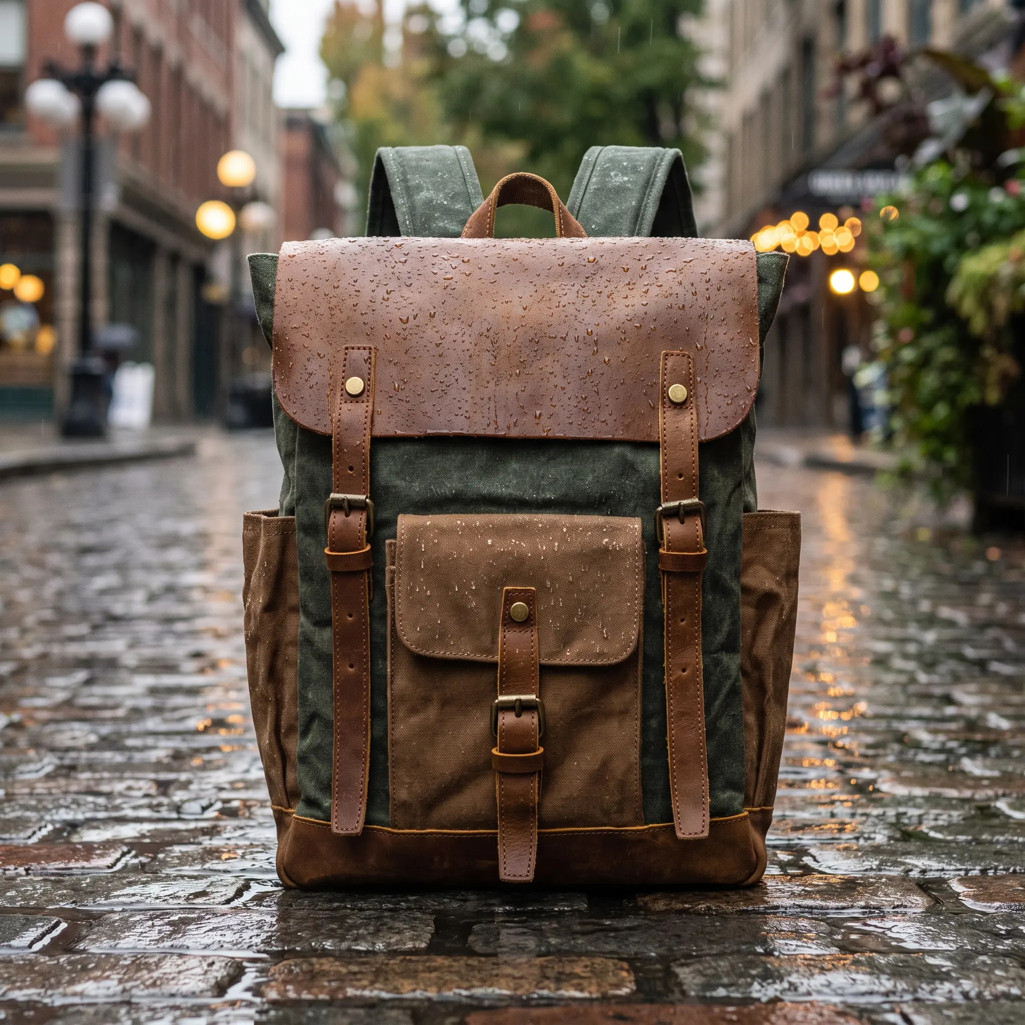 Unisex Vintage Leather Canvas Backpack | Waterproof Waxed Canvas Laptop Bag | Genuine Leather (Crazy Horse Style) Rucksack | Thick Padded Cotton Straps | Casual Daypack