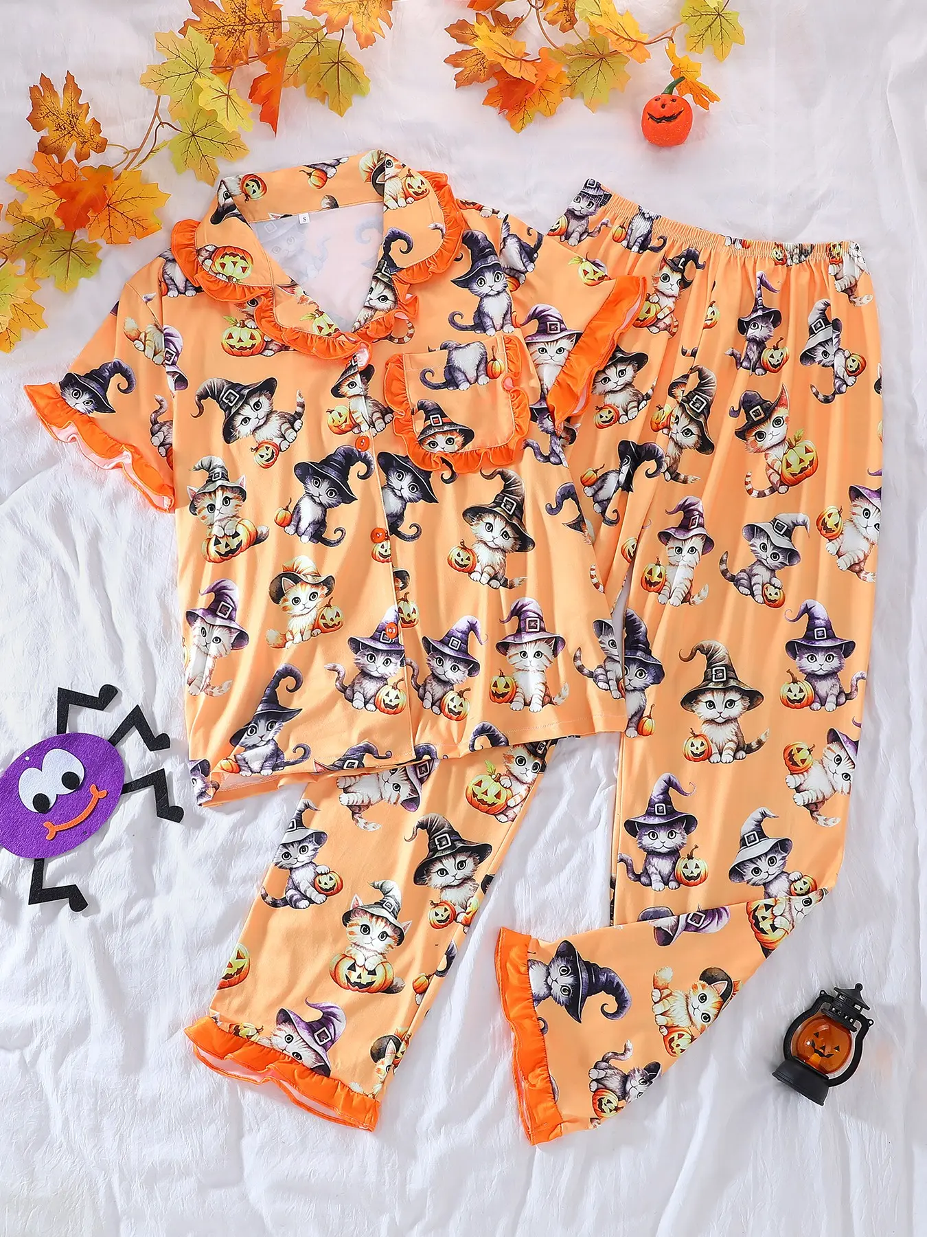 Women's Halloween Pajama Set, Animal Cat Pumpkin Print, 2-Piece Short Sleeve Sleepwear, Casual Comfortable All-Seasons Home Wear