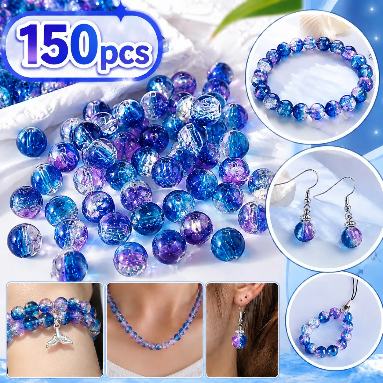 150pcs 8Mm Ocean Theme Snowflake Gradient Crack Beads - Blue And Purple 8Mm, Bohemian Style Jewelry Additions, Gothic Style Jewelry Additions, Perfect for Jewelry, Bracelets, Necklaces, Earrings, Keychains And Mobile Phone Additions