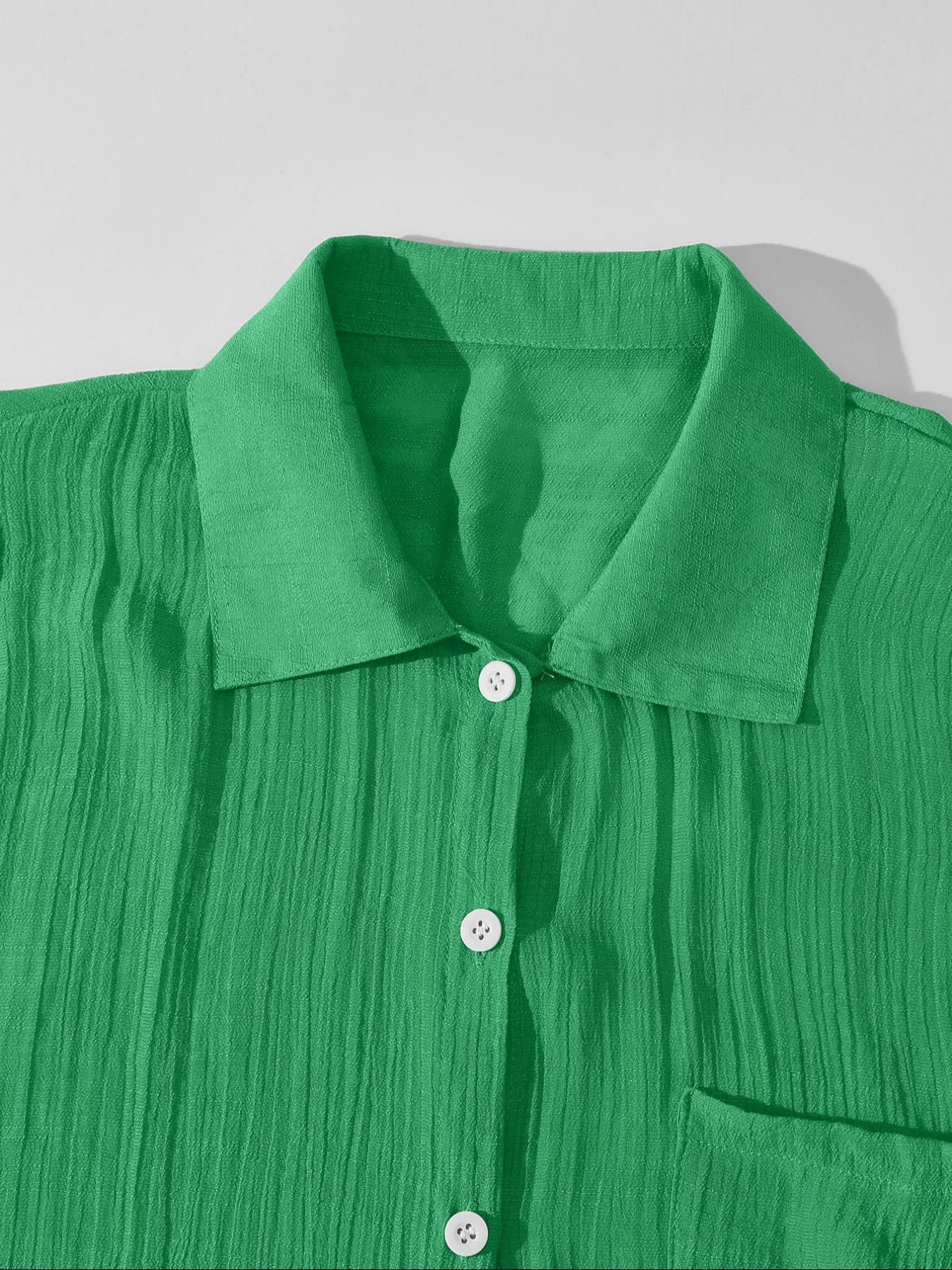 Women's Solid Button-Front Pocket Sheer Cover-Up Shirt & Shorts Set, Casual Drop-Shoulder Long-Sleeve Top & Shorts for Beach Vacation, Ladies Summer Swimwear Clothes