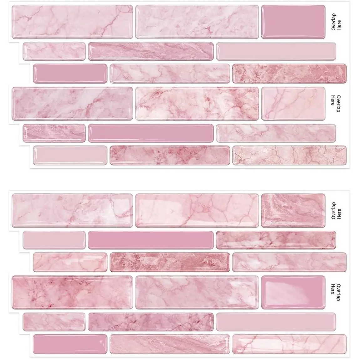 10Pcs Self-Adhesive Rectangular 3D Pink Marble Tile Stickers, 9.69x4.72in Peel-and-Stick Waterproof Modern Geometric Backsplash Decals for Home Decor, Peel & Stick