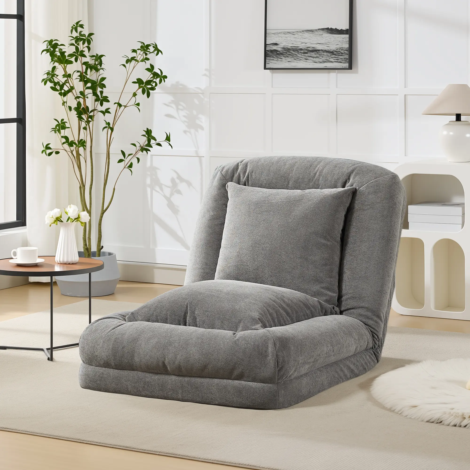 Oversized Floor Sofa for Humans & Dogs – Adjustable 5-Position Chenille Lounger with 2 Pillows, Collapsible Lazy Chair for Living Room, Bedroom & Napping