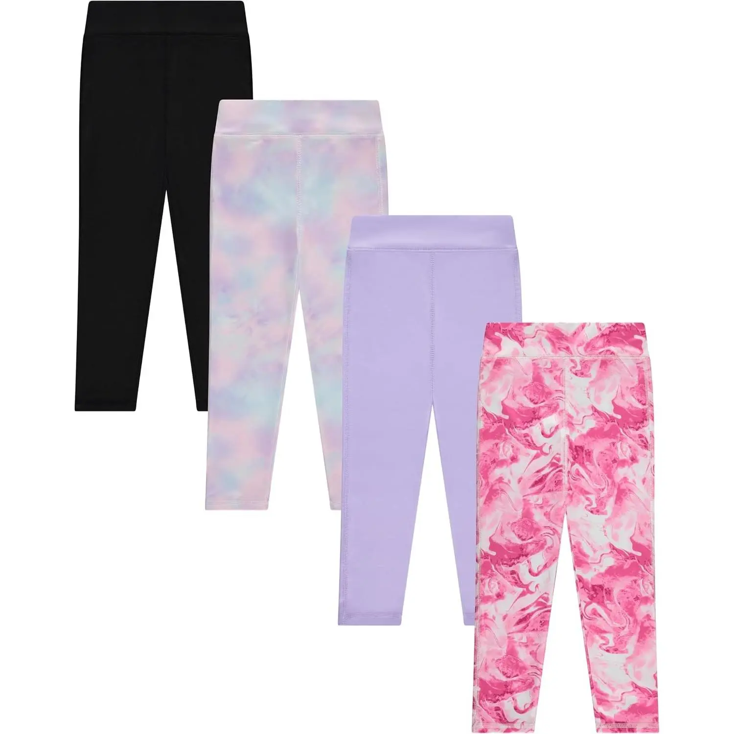 Girls 4 Pack Leggings Set, Exercise, Sports Tights with Wide Waistband for Girls