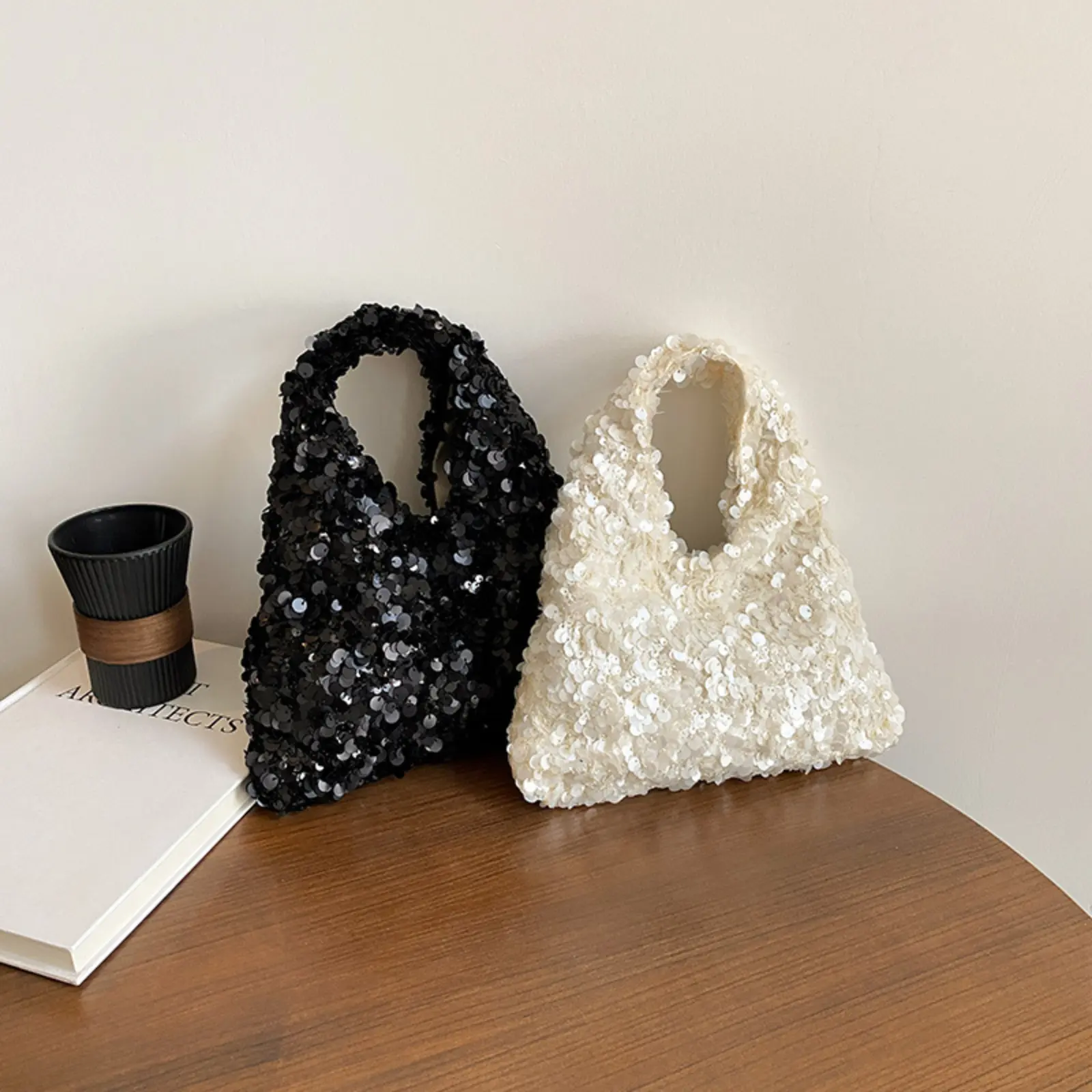 Women's Black Sequin Mini Tote Bag - Sparkly Top Handle Evening Purse with Detachable Chain for Night Out, Sports & Outdoor Camping Hiking Hammock Accessory
