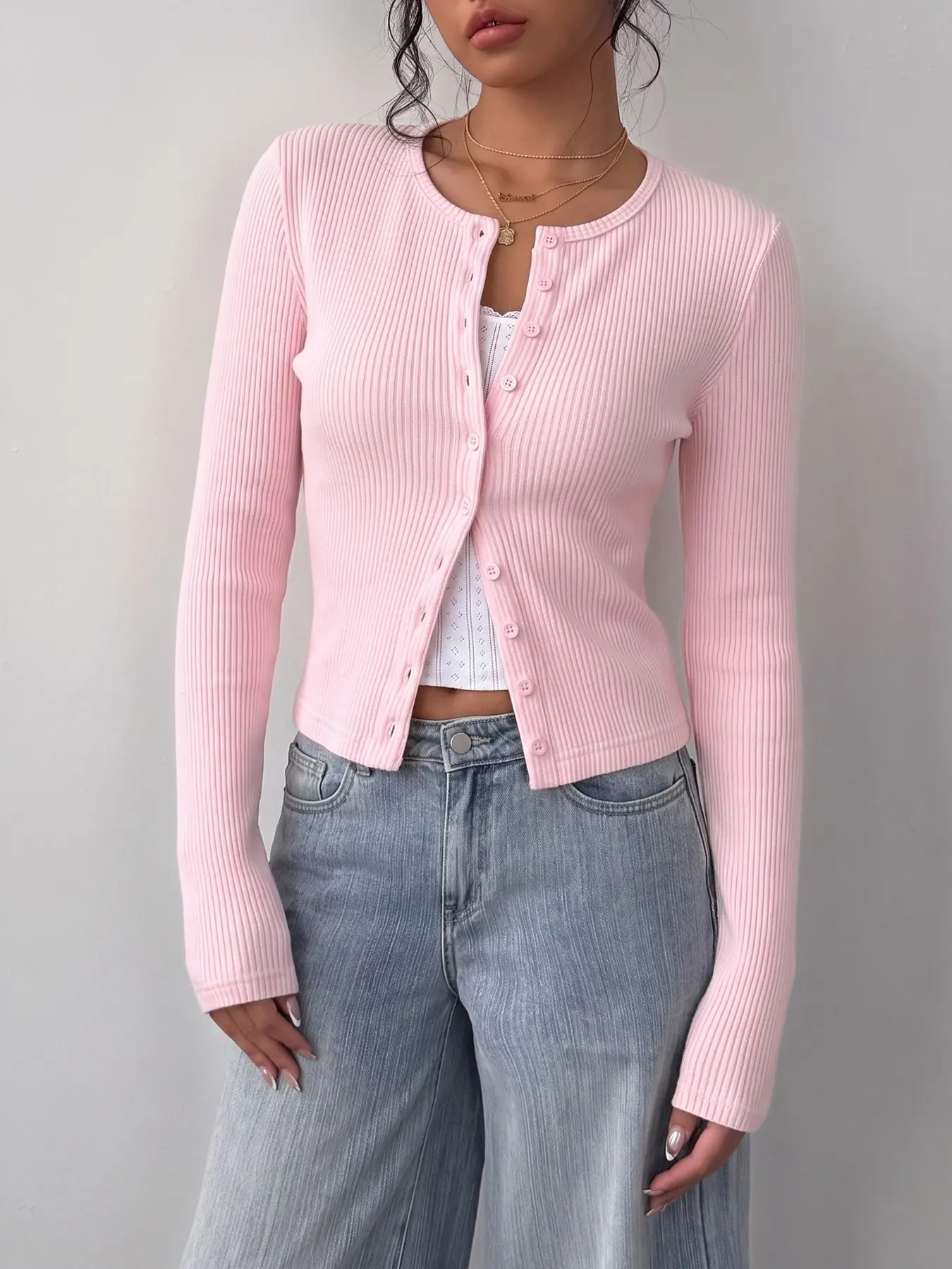 Stretch Vertical Ribbed Pastel Pink Crew Neck Button Down Long Sleeve Cropped Slim Fit Cardigan, Coquette Balletcore Clean Girl Soft Girl Aesthetic, Daily Street Office Layering Basic Outfit, Y2K Minimalist Feminine Spring Summer Casual Tops Knitwear