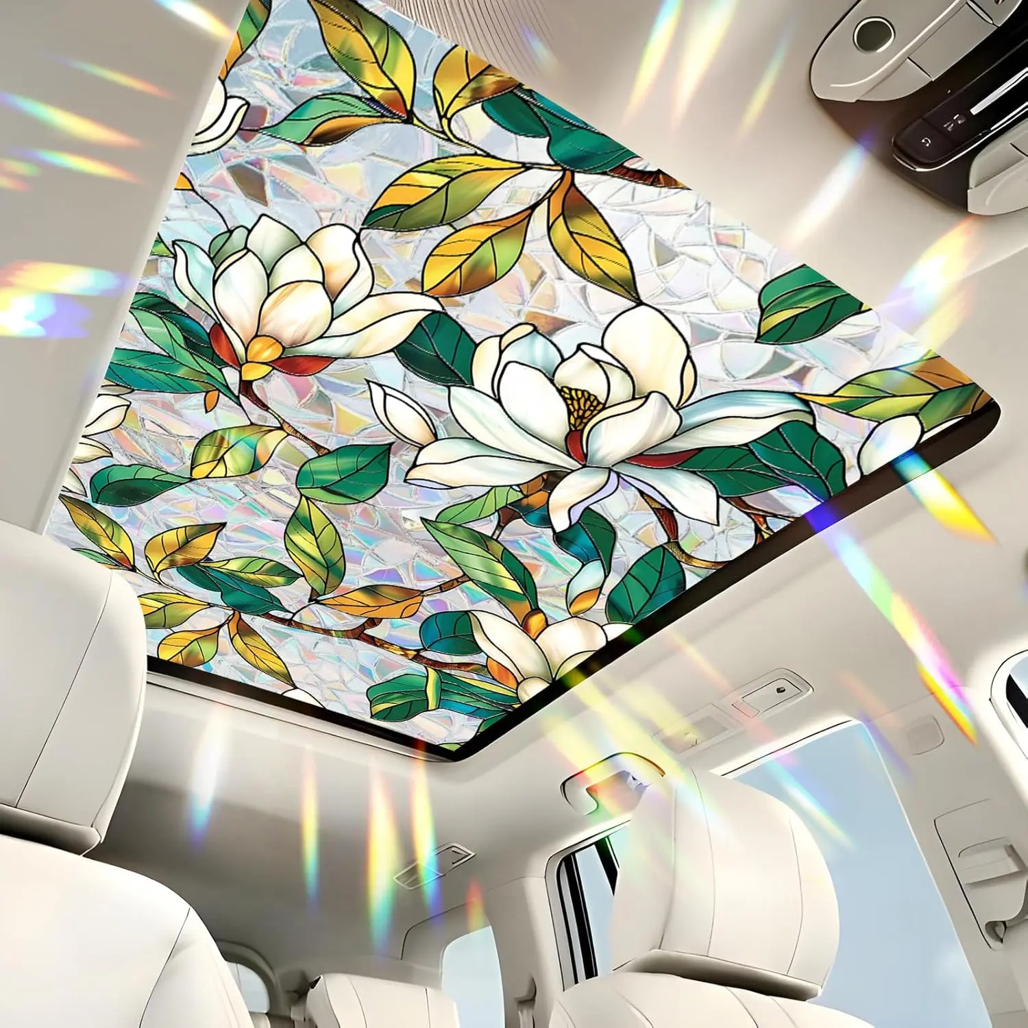 Stained Glass Sunroof Film , White Mangnolia Rainbow Decorative  Window Film Patterns, Sunroof Decal for , Sun Protection Rainbow Window Cling, 17" x 39.4"