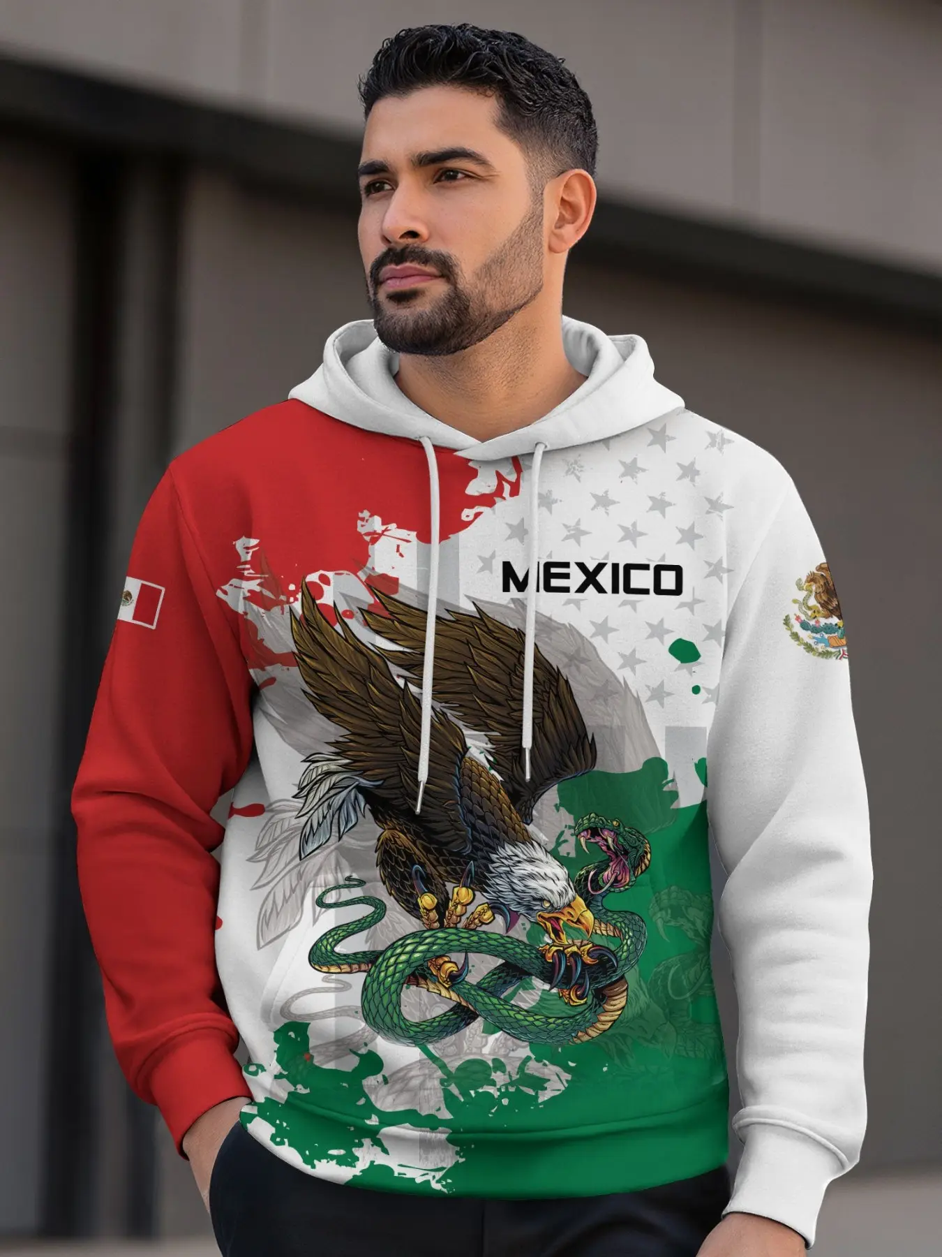 Men's Mexican Eagle Snake Flag Hoodie Sweatshirts, Aztec Print, Casual Loose Fit, Long Sleeves, All Seasons, Streetwear, Ethnic Style, Fall Winter