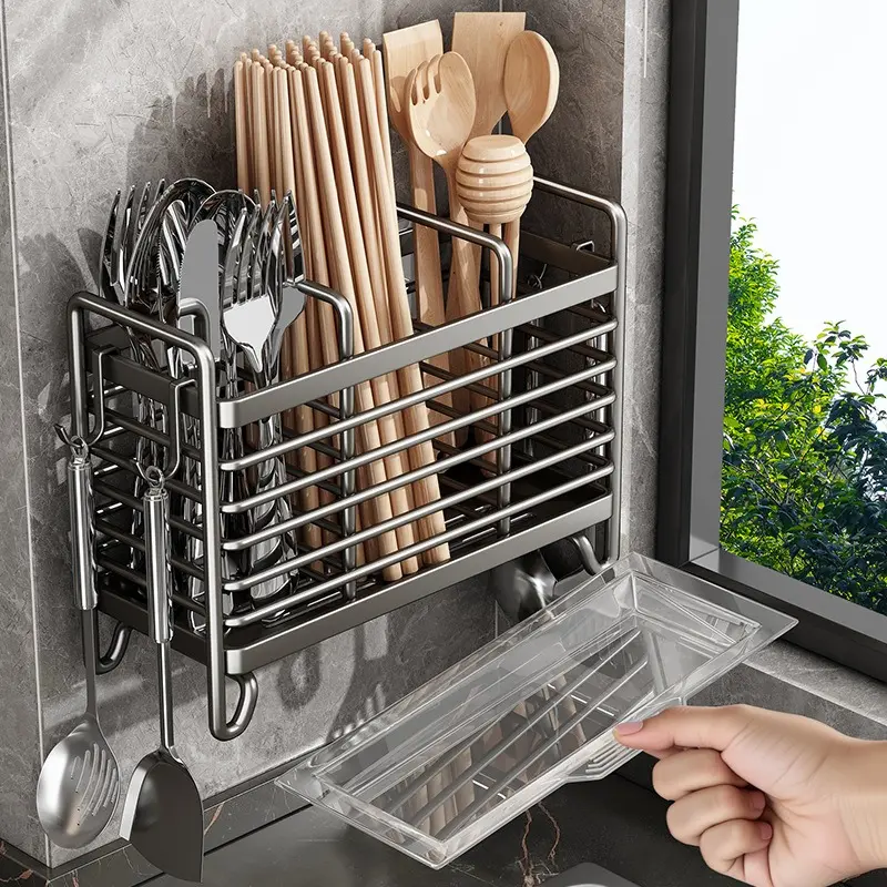 Kitchen multi-functional wall-mounted rack Organiser, chopstick storage box, chopstick holder, chopstick basket, home-use spoon and chopstick cage, chopstick rack with drainage