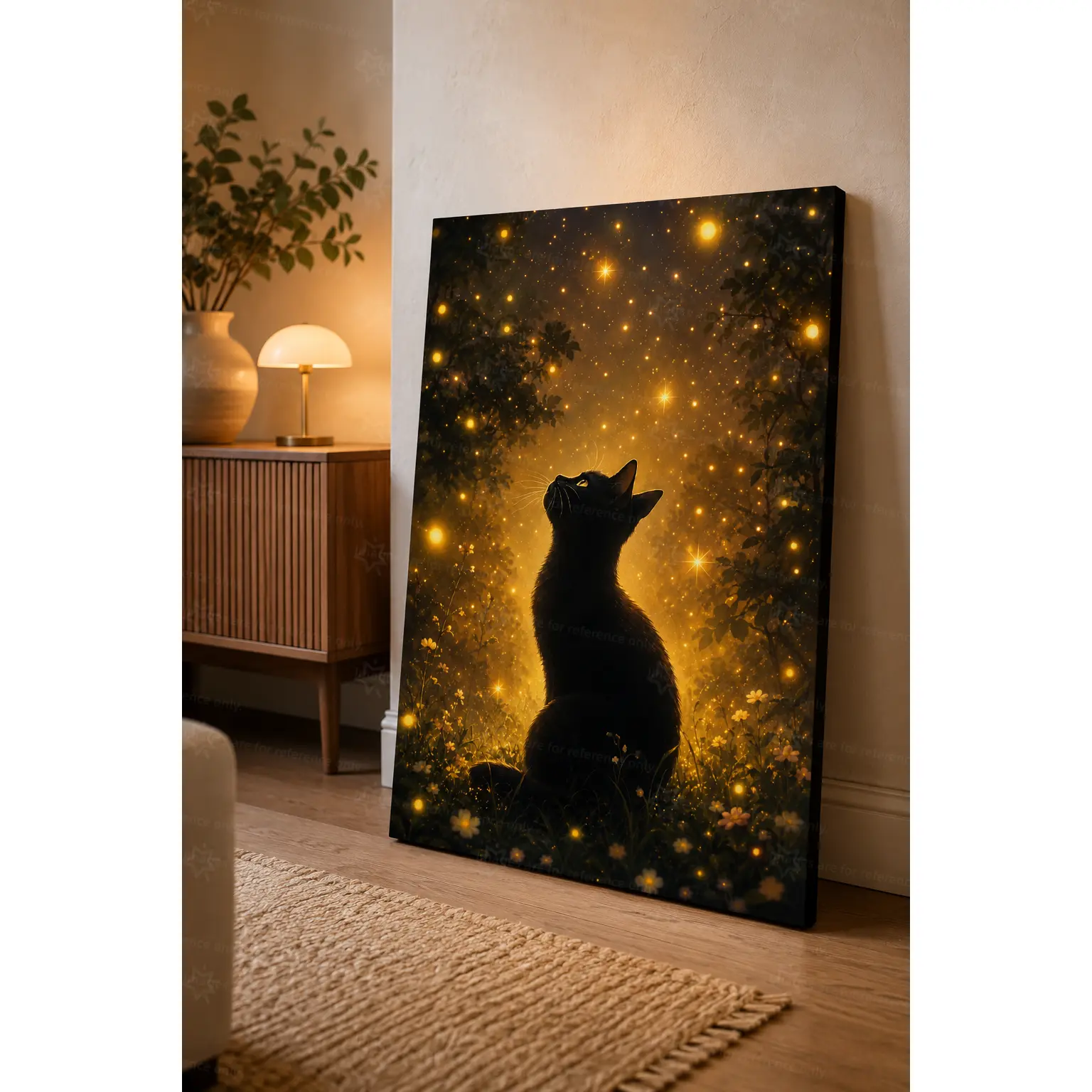 Mystic Black Cat Firefly Wall Art Canvas, Glowing Night Cat Artwork for Living Room Bedroom Reading Nook Decor, Cozy Animal Home Decor, Decorative Poster, Poster Prints, Unframed Canvas Poster or Framed Canvas Wrap