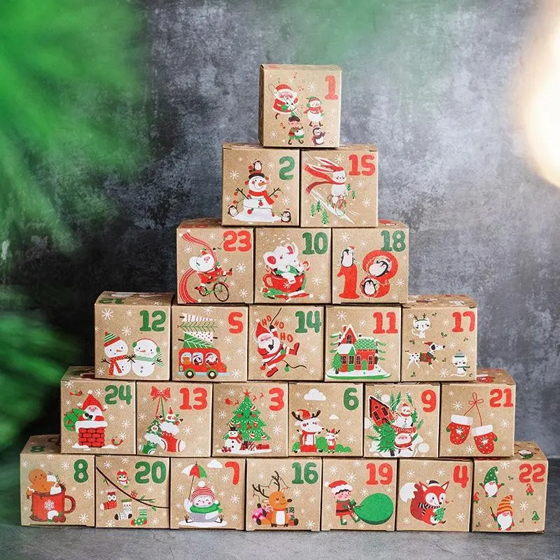 Vintage Christmas Kraft Paper Boxes, 24pcs DIY Advent Calendar Treat Box, Xmas Countdown Gift Box, Party Favor Supplies