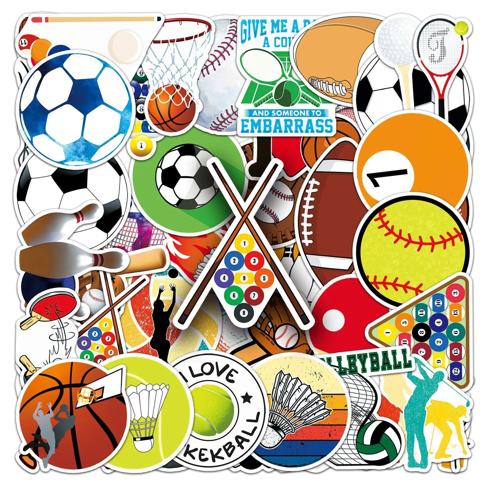 Mixed Sports Stickers, 50 Waterproof Vinyl Stickers, for Phone Water Bottle Wall Notebook, Basketball Baseball Soccer Volleyball Football, Teenage Stickers, Phone Decoration