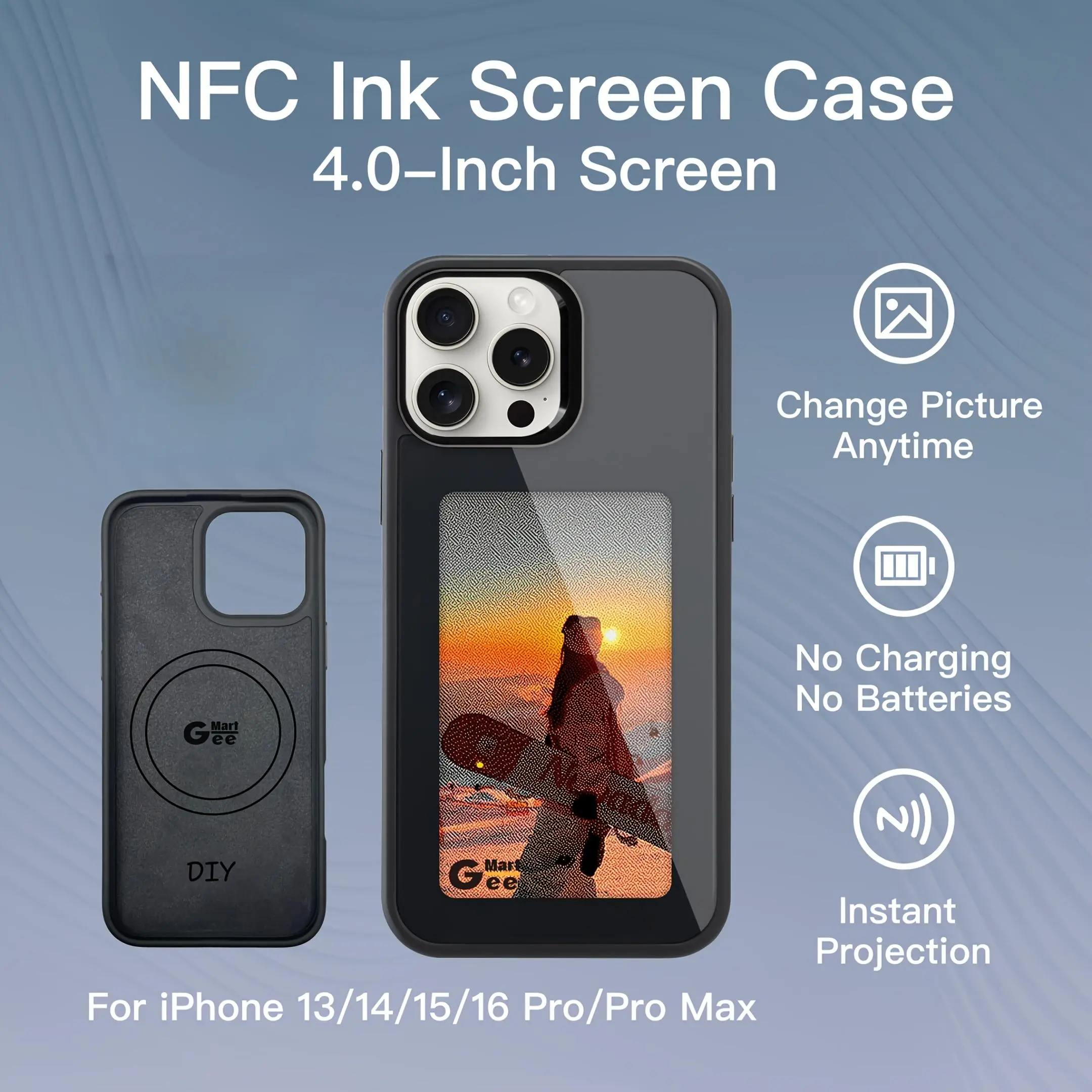 E-Ink Phone Case E-Ink Cover for All iPhone 13+ Series (Pro/Pro Max) - 4.0" Screen, NFC Support, Magnetic Button, Wireless Charging, Drop-Resistant Metal Frame, Image Calendar Display, Shockproof Protection