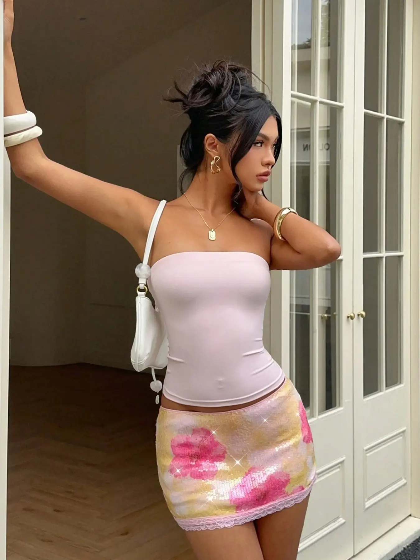 Women's Mini Skirt with Sequins, Floral Print, Lace Trim, High Waist Y2K Style, Elegant, Party, Music Festival Fashion