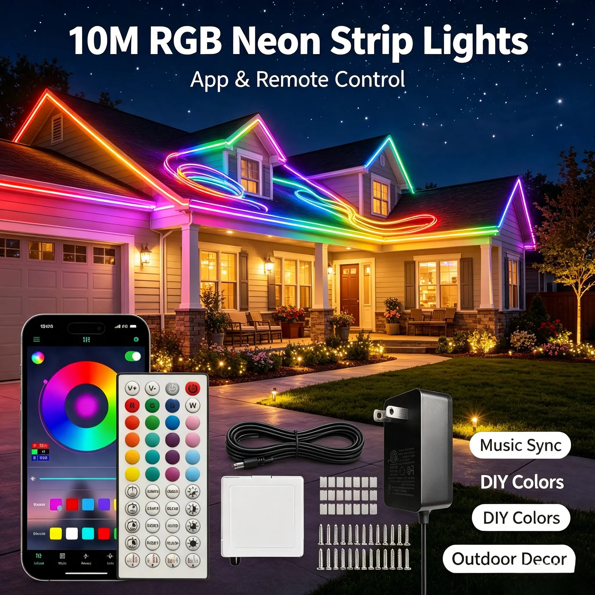 RGB Neon Rope Light, 32.8ft/10M Bluetooth App Control Music Sync Color-Changing LED Strip, IP65 Waterproof 44-Key Remote Control for Indoor Bedroom & Outdoor Party Decor, Artificial Christmas Garland House Roof Lighting tv backlight curtain girl room