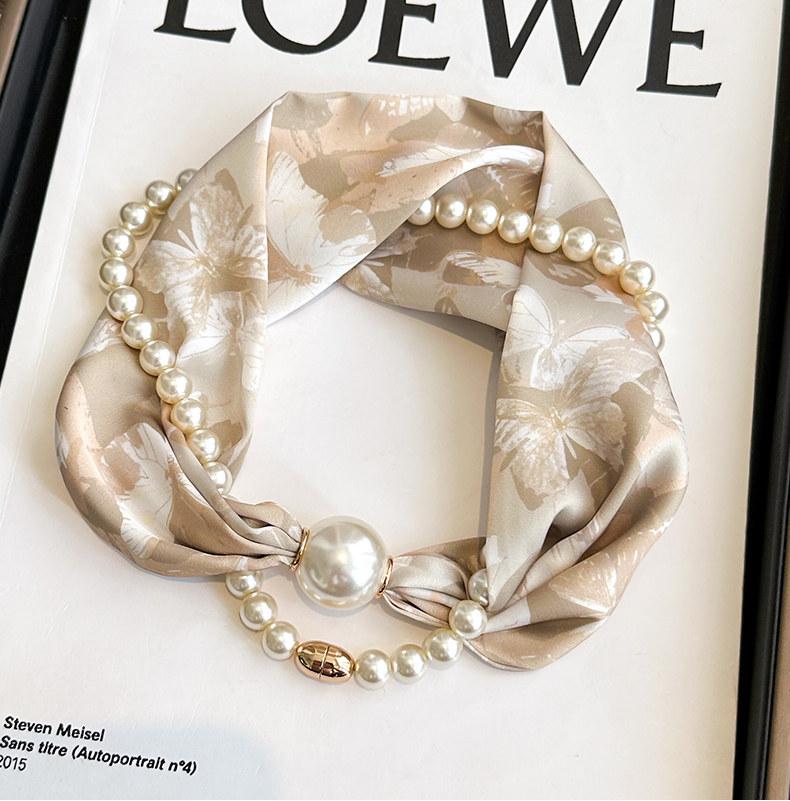 Boho Pearl Chain Scarf Necklace, Black White Rose Print Silk Scarf, Unique Neck Jewelry for Women Gift for Her