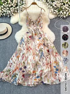 Women's Floral Print Spaghetti Cami Dress, Boho Fashion Casual A Line Dress for Beach Holiday Vacation, Ladies Dress for Summer Bohemian