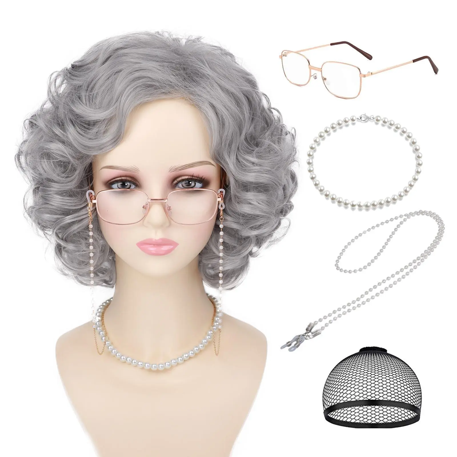 Women's Short Curly Gray Granny Wig - 1pc Synthetic Hair Wig with 5PC Accessories, Machine-Made for Female Halloween Cosplay & Daily Use