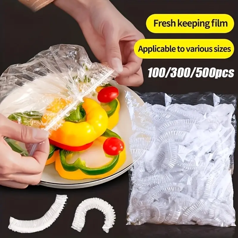 100/300/500pcs Daily Household Items Plastic Wrap Anti-smell Stretch Bag Suitable for Kitchen Restaurant Refrigerator Fruit Plastic Wrap Design Suitable for All Sizes of Dishes (13.78/14.96/15.75/16.54inch Optional)