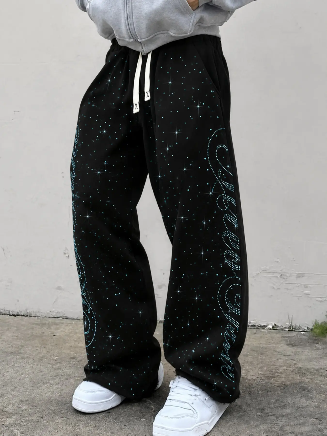 Men’s Rhinestone Wide Leg Sweatpants, Sparkle Graphic Drawstring Baggy Pants, Y2K Streetwear Trousers, Long Regular Fit, H Type Silhouette