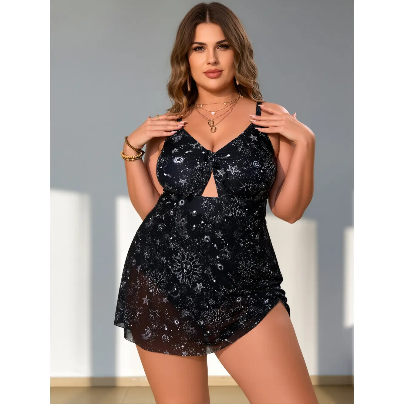 Women's Plus Size Celestial Galaxy Print Mesh Overlay Tankini Swim Dress Set - Sleeveless Crop Top, Stretchy Tummy Control, Quick-Dry Beach Wear for Curvy Women (Swimweek Deals), Tankini Swimsuits, Swimsuit For Women
