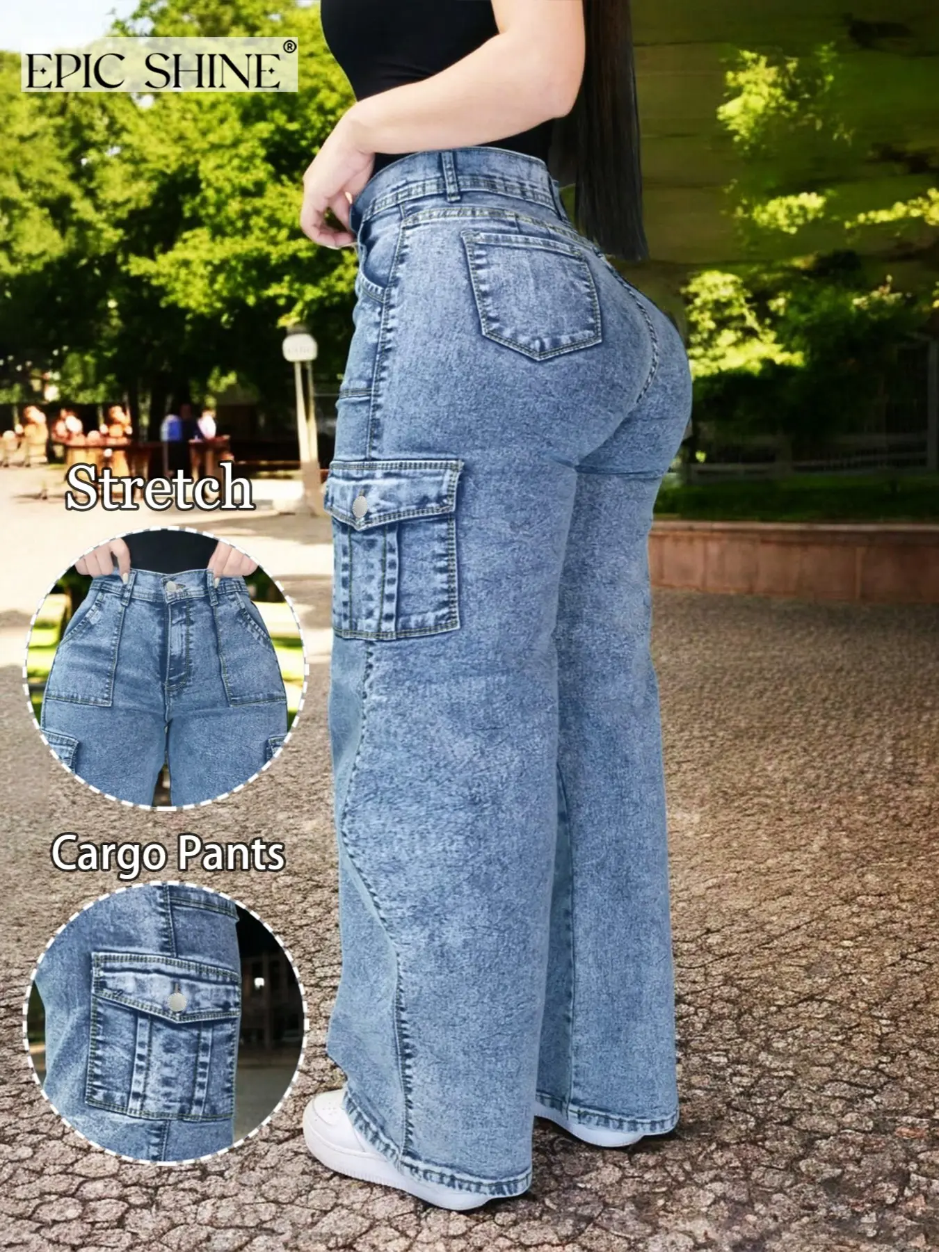 Women's High-Waisted Elastic Cargo Pants, Wide Leg Jeans, Butt Lifting Urban Style, Comfortable Fit, Fashion Casual Long Jeans