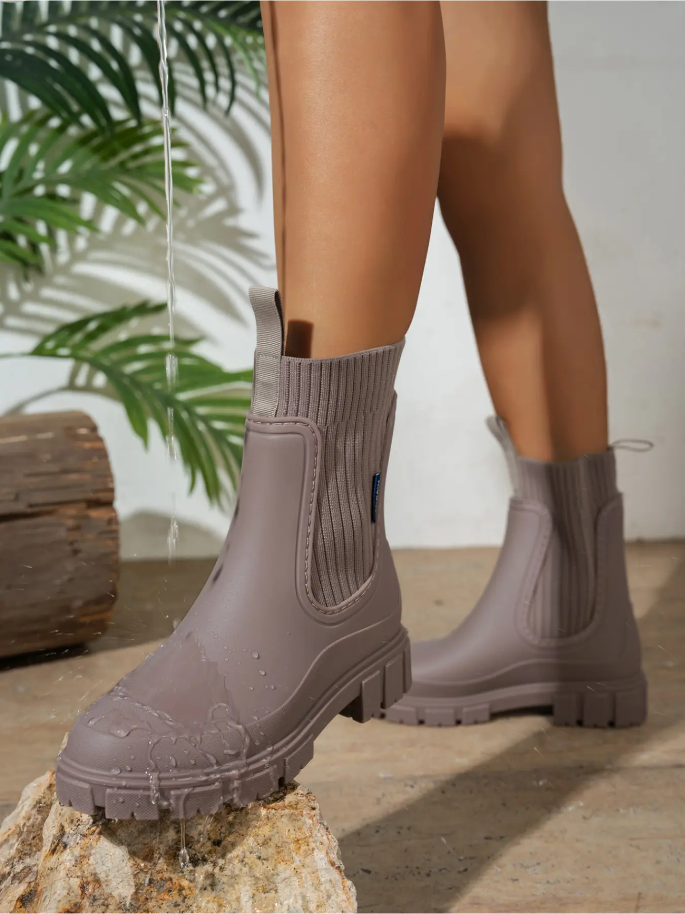 Women Ribbed Knit Panel Chelsea Rain Ankle Boots, Waterproof Rubber Lug Chunky Sole Slip On Short Wellies, Non Slip Outdoor Gardening Daily Fashion Rain Footwear