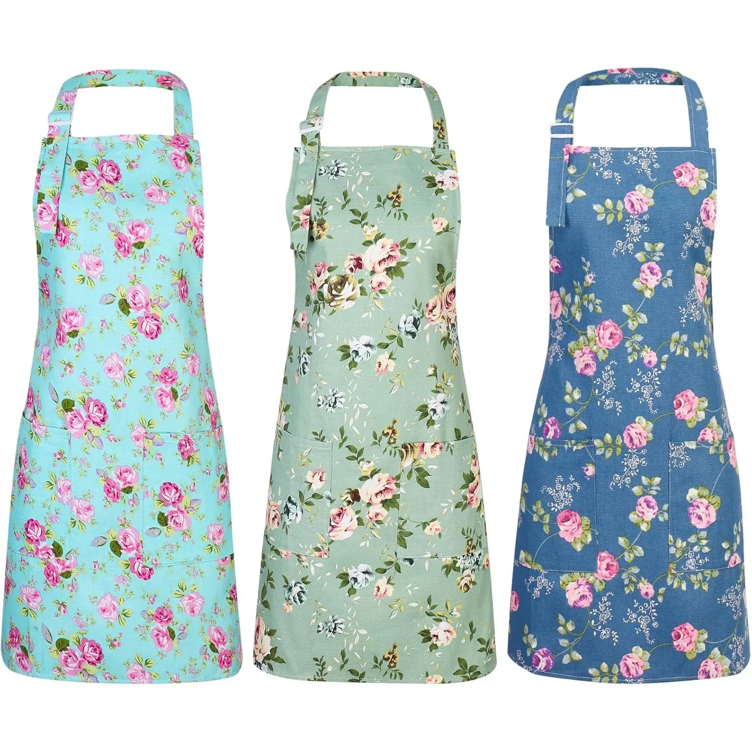 3 Pack Floral Aprons for Women, Adjustable Kitchen Aprons with 2 Pockets Vintage Cute Rose Floral Apron Chef Bakers Apron for Cooking Baking Gardening Apron Gift for Mom Wife Sister Grandma