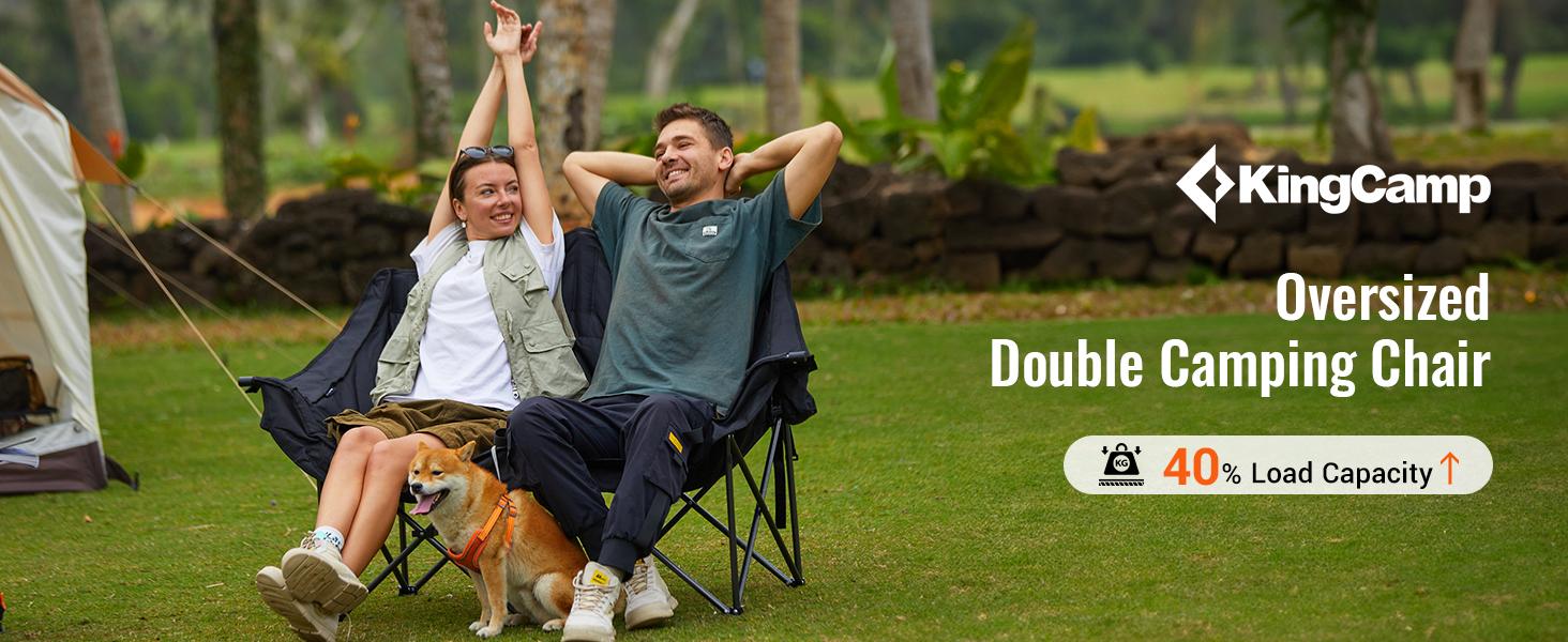 KingCamp Unisex Large Size Steel Frame Foldable Outdoor Chair - 880lbs Heavy Duty 2-Seat Loveseat, Portable XL Padded Outdoor Conversation Furniture with Cup Holder for Lawn Events (Khaki/Coffee) + summerwins SummerTurnUp Compact Lightweight Utility Wagon