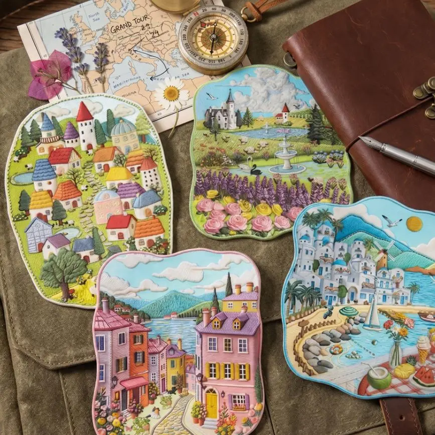 4-Pack Vintage Cottagecore Sticker Set – Miniature Street & Ocean Landscape Decals, Aesthetic DIY Supplies for Bullet Journal, Scrapbook & Gift Wrapping