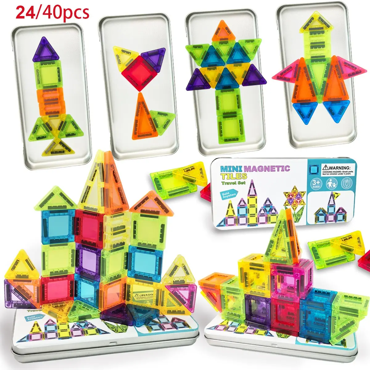 Mini Magnetic Tiles, 24/40PCS Magnetic Building Blocks with Iron Box, Magnet Toys Travel Size On-The-Go Magnetized Construction Set STEM Travel Toys for Boys and Girls Ages 3+