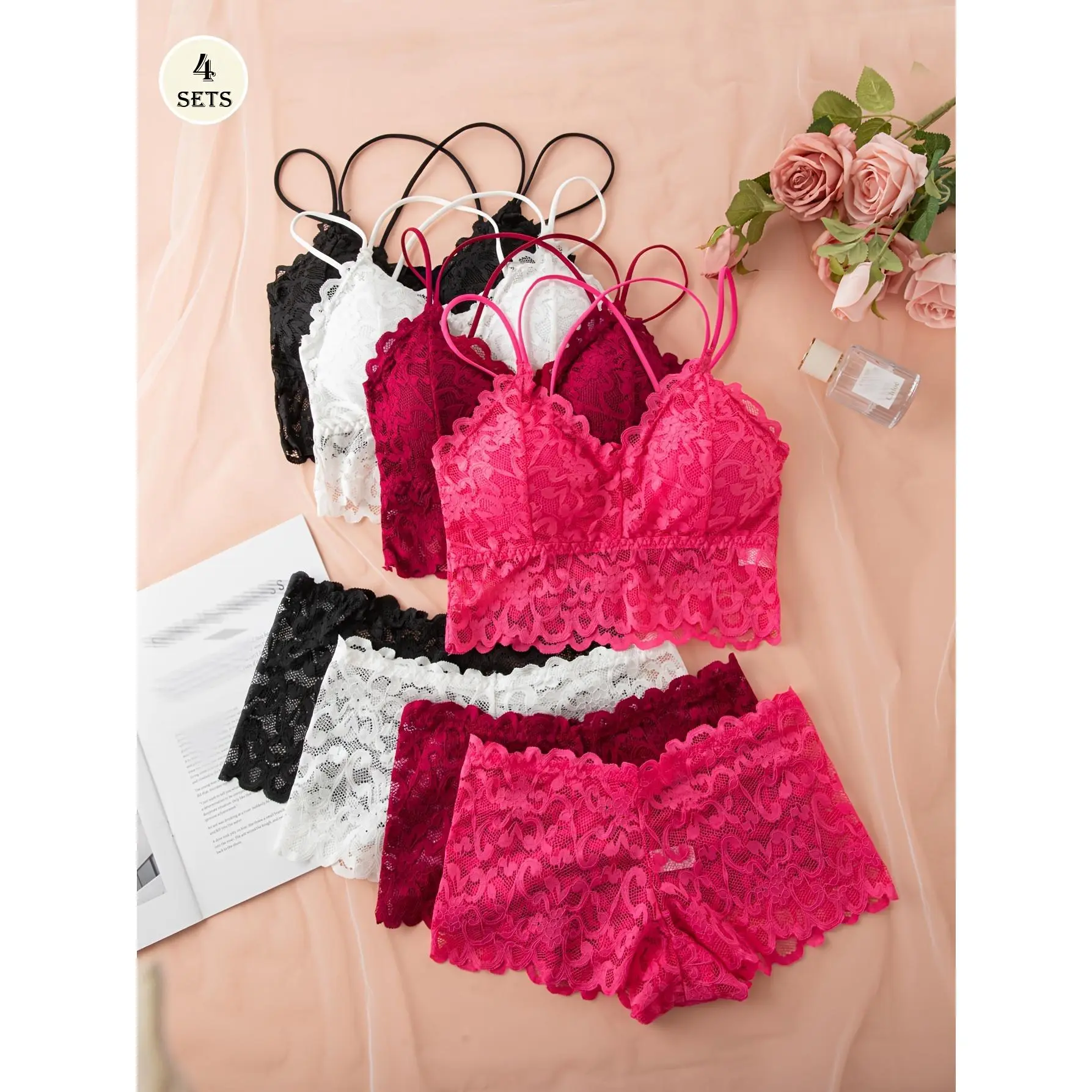 4PCS Mix Colors Set Comfortable, and Fashionable Casual Lace Women's Underwear Sets, Backless Bra Set with Shorts, Vest, and Waist Tight Fitting Suit, Fashionable and Beautiful