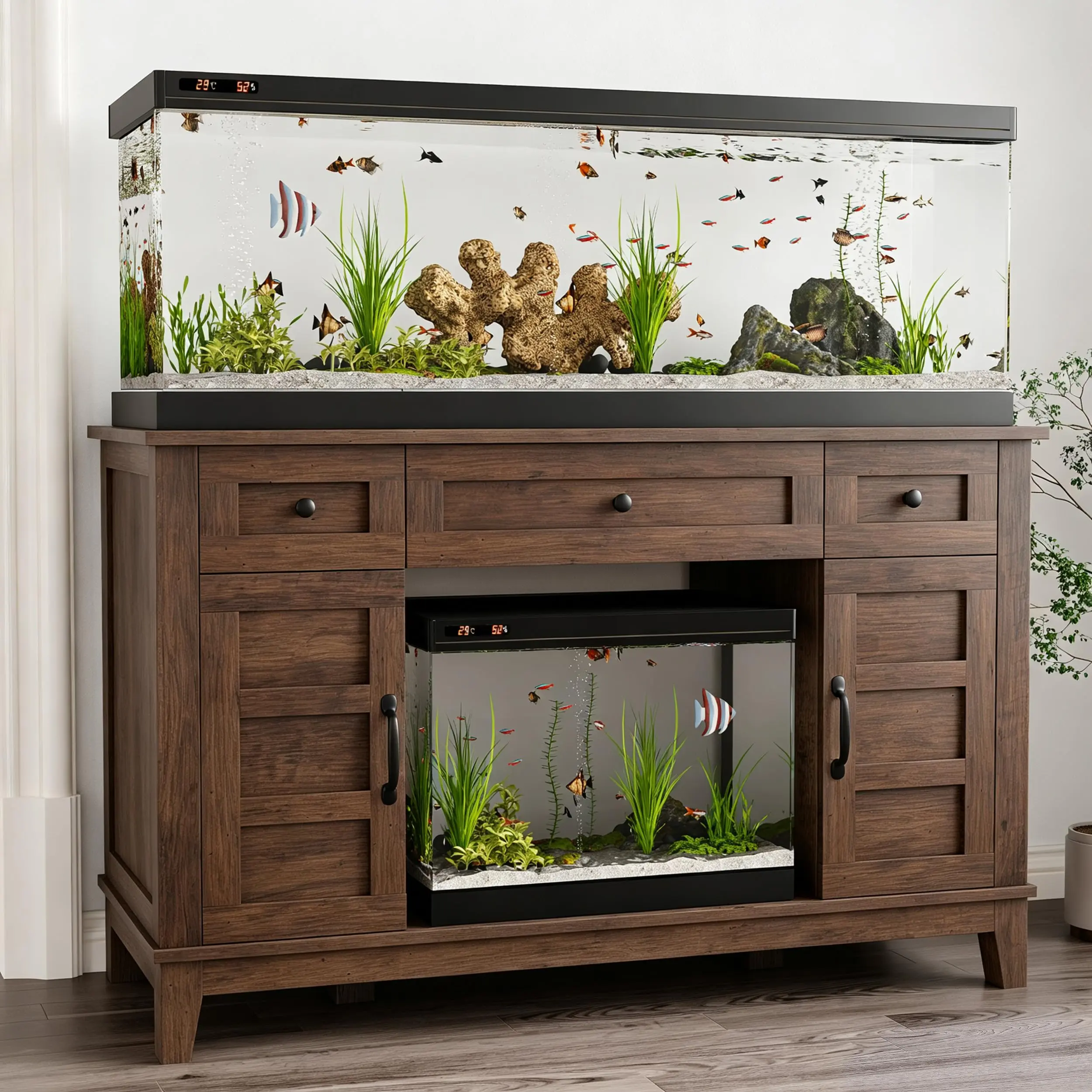 Farmhouse Aquarium Stand for 55-75 Gallon Tanks – Heavy Duty 1400LBS Cabinet, Double Doors, Three Drawers, Built-in Power Outlet – Versatile Storage for Living Room (Fish tank not included)