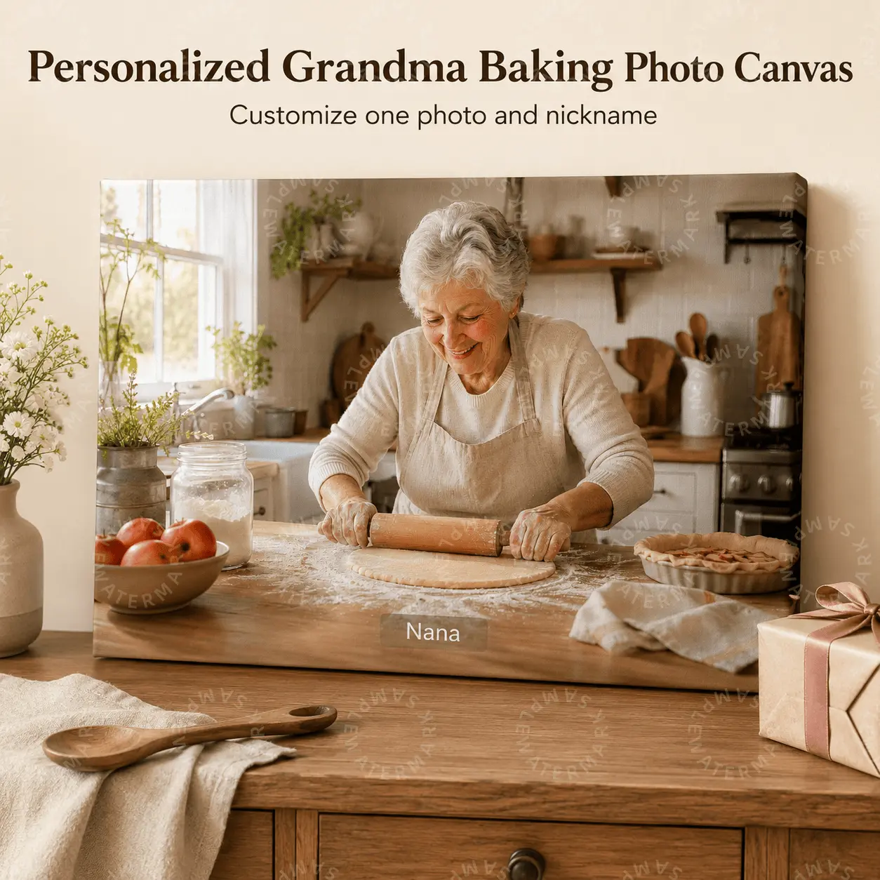 Personalized Grandma Baking Photo Canvas - Custom Grandmother Photo Nickname Wall Decor, Kitchen Memory Keepsake Poster, Cozy Aesthetic Baking Warmth Gift for Nana, Birthday Gift for Family Events, Home Decor, Scratch-Proof